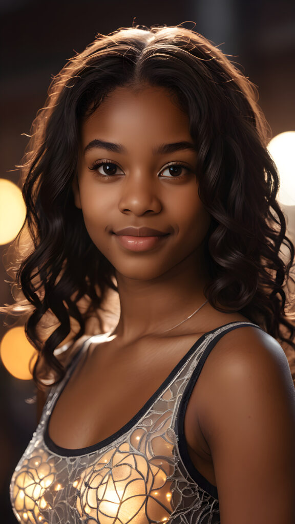 a (((beautifully drawn (((cinematic lights))) young black teen girl))), aged 14, with long, realistically detailed, flowing black hair and a round, angelic face, poised with a warm smile, facing the camera for a softly focused, perfectly composed portrait shot. Her figure is flawlessly proportioned, her skin tone is distinctively dark, and she's clad in a sleek, super short, form-fitting tank top that showcases every nuance of her striking realism