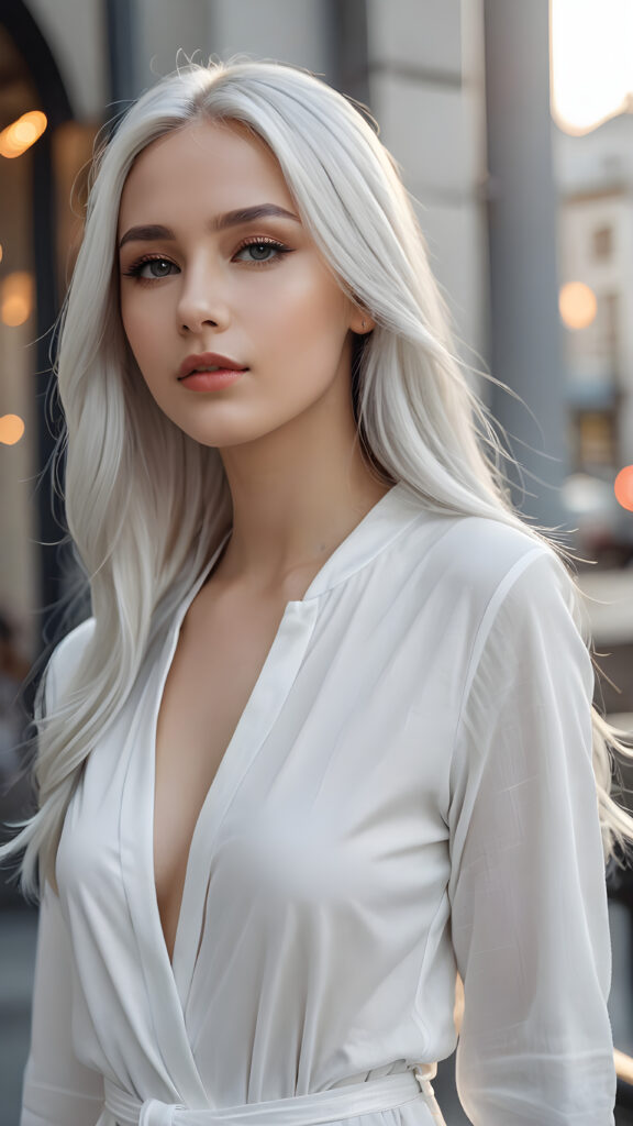 a beautifully drawn (((silver-skinned girl))) with flowing, (((straight platinum hair))), dressed in a timelessly classic style in (((white clothes)))