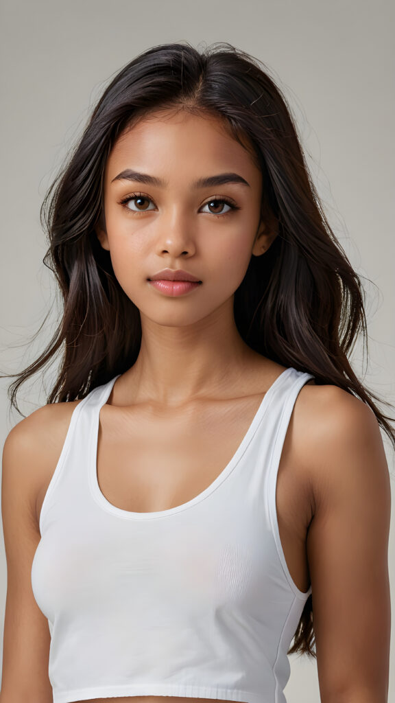 A (clear and detailed (((upper-body portrait))), featuring a young girl with (((long, straight black hair))), and (((light brown eyes))) with (((brown irises))), that convey a sense of (((playfulness and curiosity))) blending seamlessly into a (((super detailed and high quality face))), with (((full lips))), that exude (((natural color and texture matching))). She wears a (((white cropped tank top))), which complements her (((tanned skin))). The overall look exudes a (((healthy, natural beauty))) that is both (((extremely detailed and hyper realistic))), evoking the essence of a (((professional studio photo shoot))) with a (((high resolution, 8K camera))) that captures the essence of this (((upper-body portrait))) with exquisite detail and color grading that match the scene perfectly