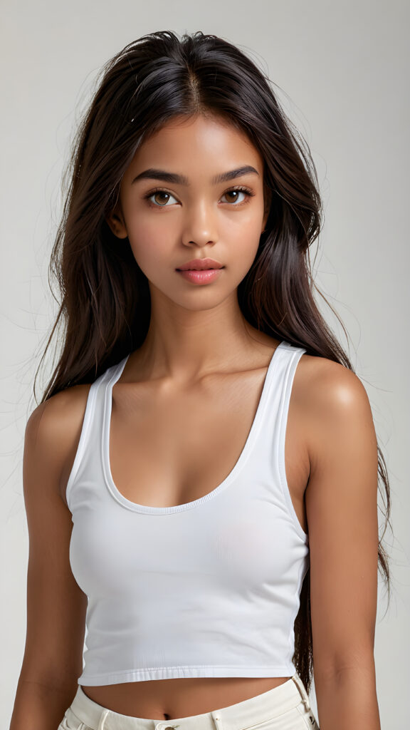 A (clear and detailed (((upper-body portrait))), featuring a young girl with (((long, straight black hair))), and (((light brown eyes))) with (((brown irises))), that convey a sense of (((playfulness and curiosity))) blending seamlessly into a (((super detailed and high quality face))), with (((full lips))), that exude (((natural color and texture matching))). She wears a (((white cropped tank top))), which complements her (((tanned skin))). The overall look exudes a (((healthy, natural beauty))) that is both (((extremely detailed and hyper realistic))), evoking the essence of a (((professional studio photo shoot))) with a (((high resolution, 8K camera))) that captures the essence of this (((upper-body portrait))) with exquisite detail and color grading that match the scene perfectly