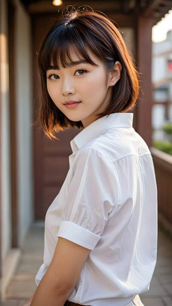 A (((cute 16-year-old Filipino girl with intricate Korean-style bangs))), featuring highly detailed, ultra realistic hair that extends beyond her shoulders. She’s clad in a (((perfectly curved and fitted white short shirt))), with a stunning face that exudes realism, complete with glowing, ultra-realistic amber eyes and delicate, detailed maroon straight hair that flows down her back. Her skin is highly detailed, with subtle wrinkles and a warm smile that draws the viewer in. Captured in an incredibly advanced image with deeply saturated colors, advanced film grain, and a soft focus that creates a sense of beauty and wonder. This advanced image represents the pinnacle of digital artistry, with unparalleled detail and advanced technology, making it a true masterpiece that pushes the boundaries of what is possible