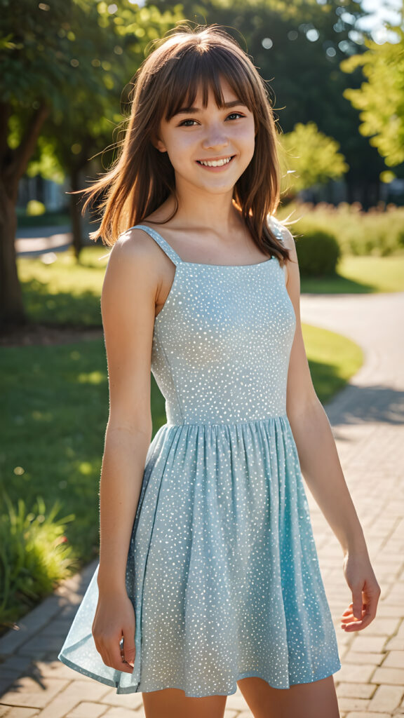 A (((cute teenage girl))) with a sunny smile and an endearingly awkward pose, shoulder-length, straight hair in bangs cut that shines in the sunlight, she wears a short summer dress, caught mid-step in a ((full-body image)) ((detailed))