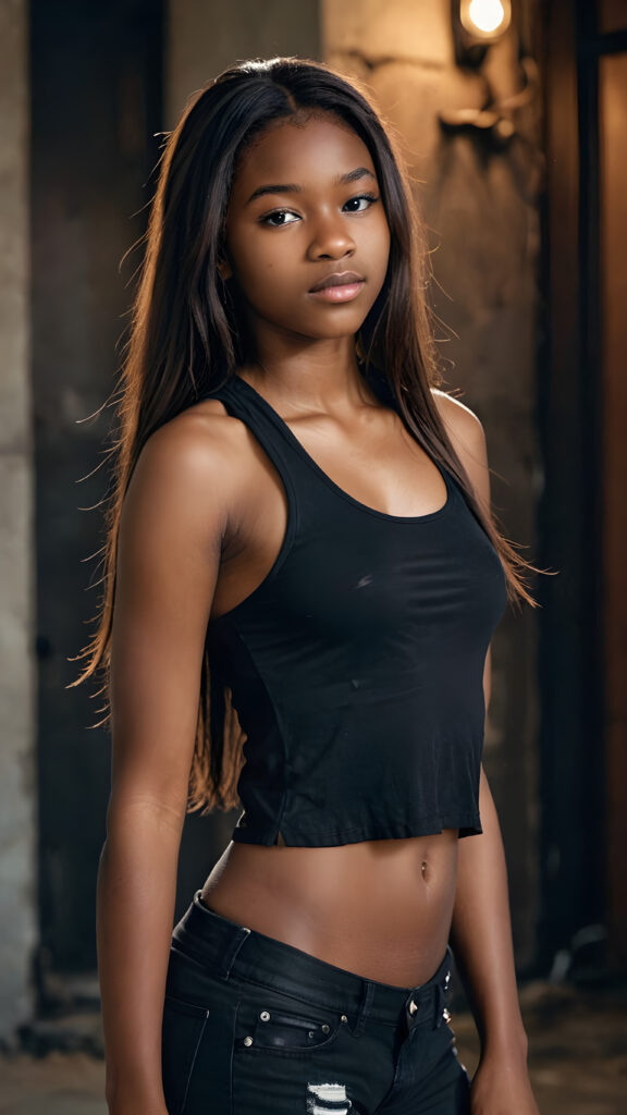 a (((dark-skinned teen girl))) with long, flowing (straight hair), aged 14, who exudes an air of seduction with a (((tattered cropped black tank top))), exhibiting a perfect, (curvaceous body)