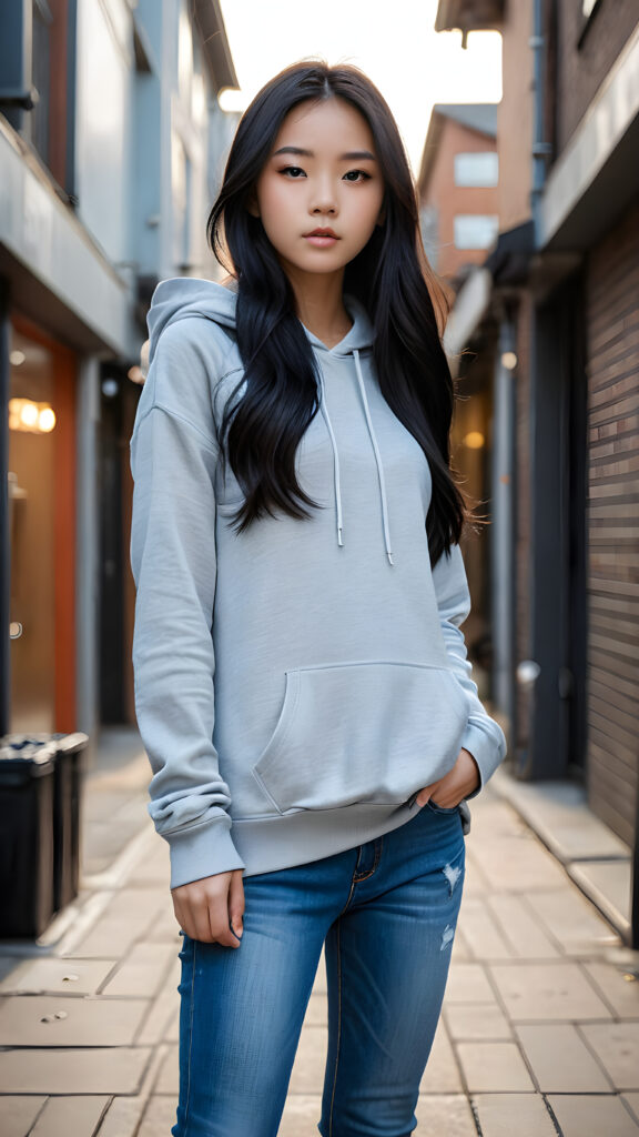 A (((detailed and realistic full-body portrait))), featuring a (((trendy young Asian teen girl))) with long, flowing (((black hair))), embodying a (((modern aesthetic))) with a (((super short, tight, thin silk grey hoodie top))), paired with a (((blue skin tight jeans))), both complemented by (((sharp, urban street photography-inspired accessories))), like a (((Yoji Shinkawa-inspired sleek, minimalist handbag))) and (((stunningly detailed, realistic eyes))), with highly detailed (((pupils))), that draw the viewer in for an intense close-up