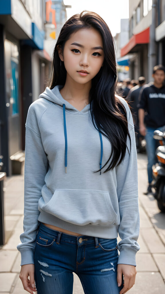 A (((detailed and realistic full-body portrait))), featuring a (((trendy young Asian teen girl))) with long, flowing (((black hair))), embodying a (((modern aesthetic))) with a (((super short, tight, thin silk grey hoodie top))), paired with a (((blue skin tight jeans))), both complemented by (((sharp, urban street photography-inspired accessories))), like a (((Yoji Shinkawa-inspired sleek, minimalist handbag))) and (((stunningly detailed, realistic eyes))), with highly detailed (((pupils))), that draw the viewer in for an intense close-up