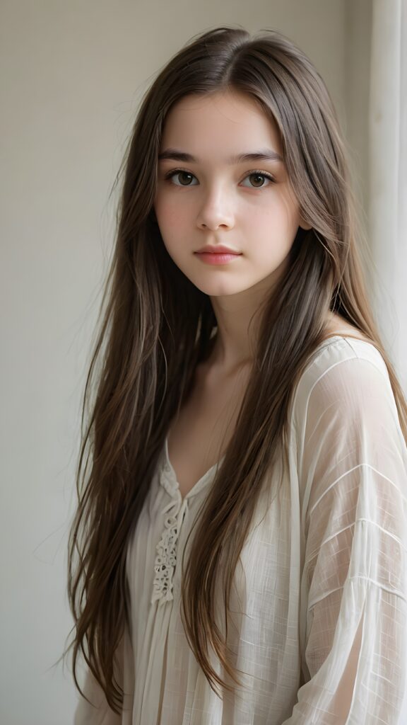 A (((diffuse and ethereal portrait))), capturing a (((teen girl with very long hair))), whose face is half-obscured by a soft drape of strands, suggesting a muted fatigue that comes from years of tending to such luxurious locks