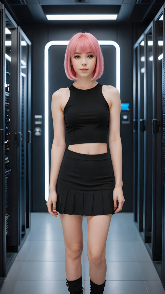 a (((full-body portrait))) featuring a (((super cute young girl))) with pink straight hair, bangs cut, dressed in a (((super short (black crop top)))); she's paired with (((short black mini skirt))), posing confidently in a sleek, futuristic data center