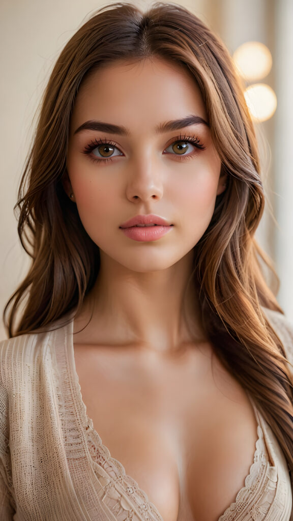 A (((girl))) with a (((perfectly curved body))), exuding ((ultra realistic)) beauty, framed by a (((sharp focus on her face))), with (straight, long, brown hair) that draws attention to her (perfectly proportioned, symmetrical features), including (natural, pink lips and (amber eyes). She's captured in a (full-body shot), from a (side angle) that emphasizes her (perfectly proportioned, symmetrical body), with (warm light) coloring and (sharp focus) on her face, and a (softly diffused, warm light) backdrop. (((Look into the camera)))