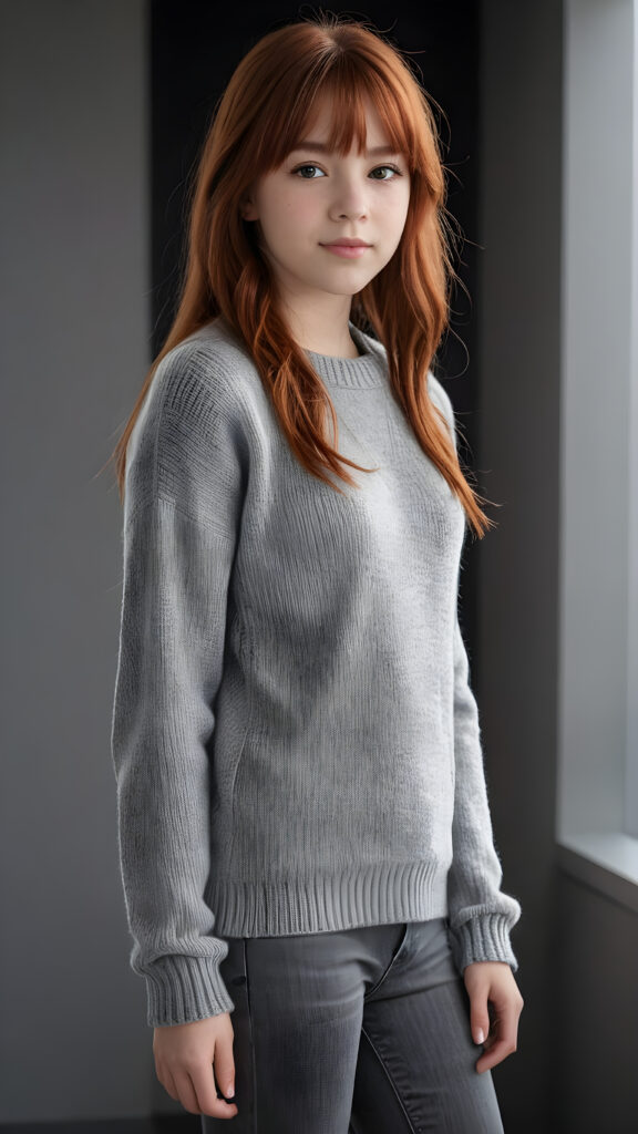 A ((highly detailed, realistic)) (((photo))), capturing a (((young teen girl))), age 13, with a delicate yet pale complexion, jet white thick straight red hair with bangs, wearing a (((grey wool sweater and grey jeans))), ((stunning)), ((gorgeous)), ((black background)), ((perfect light and shadows)), ((crisp details)), ((rich colors)), (((photorealistic))), ((digital photography)), ((shades of grey))