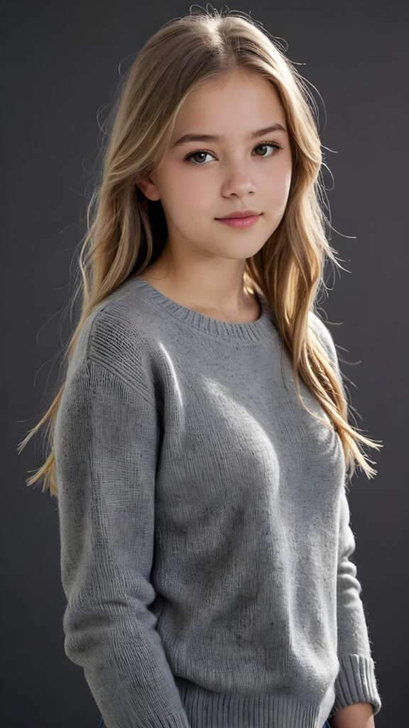 A ((highly detailed, realistic)) (((photo))), capturing a (((young teen girl))), age 13, with a delicate yet pale complexion, jet white thick straight hair with bangs, wearing a (((grey wool sweater and grey jeans))), ((stunning)), ((gorgeous)), ((black background)), ((perfect light and shadows)), ((crisp details)), ((rich colors)), (((photorealistic))), ((digital photography)), ((shades of grey))