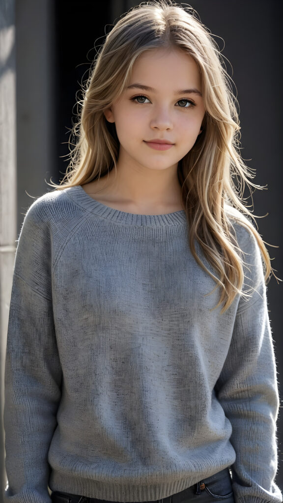 A ((highly detailed, realistic)) (((photo))), capturing a (((young teen girl))), age 13, with a delicate yet pale complexion, jet white thick straight hair with bangs, wearing a (((grey wool sweater and grey jeans))), ((stunning)), ((gorgeous)), ((black background)), ((perfect light and shadows)), ((crisp details)), ((rich colors)), (((photorealistic))), ((digital photography)), ((shades of grey))