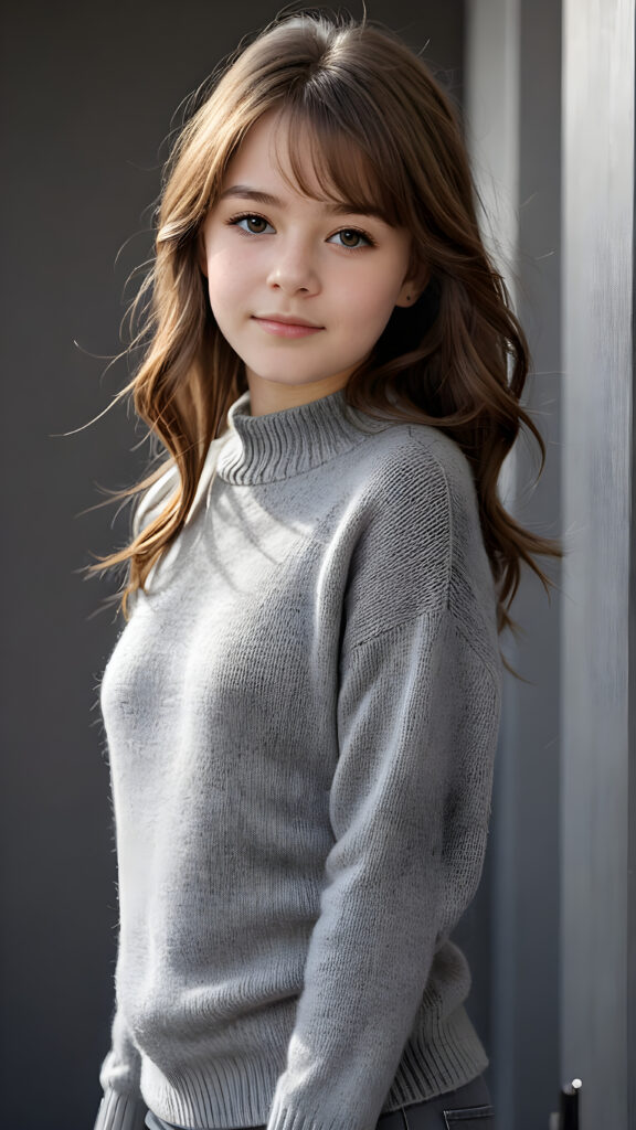 A ((highly detailed, realistic)) (((photo))), capturing a (((young teen girl))), age 13, with a delicate yet pale complexion, jet white thick straight brown hair with bangs, wearing a (((grey wool sweater and grey jeans))), ((stunning)), ((gorgeous)), ((black background)), ((perfect light and shadows)), ((crisp details)), ((rich colors)), (((photorealistic))), ((digital photography)), ((shades of grey))