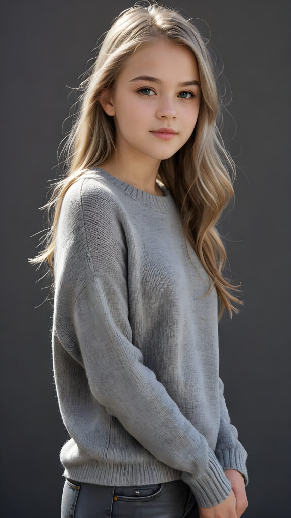 A ((highly detailed, realistic)) (((photo))), capturing a (((young teen girl))), age 13, with a delicate yet pale complexion, jet white thick straight hair with bangs, wearing a (((grey wool sweater and grey jeans))), ((stunning)), ((gorgeous)), ((black background)), ((perfect light and shadows)), ((crisp details)), ((rich colors)), (((photorealistic))), ((digital photography)), ((shades of grey))