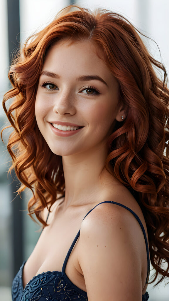 a (((masterfully composed side view photo))) featuring a (((cute 16-year-old female model))) with perfectly curled (((red hair))), a (((detailed and perfect curved body))), a (((realistic, warm smile))), and advanced lighting techniques that create a (deep, soft shadow) and a (high-quality, ultra-sharp focus) that make every detail, from her (ultra-realistic face) to the intricate patterns in her hair, pop with unparalleled clarity.