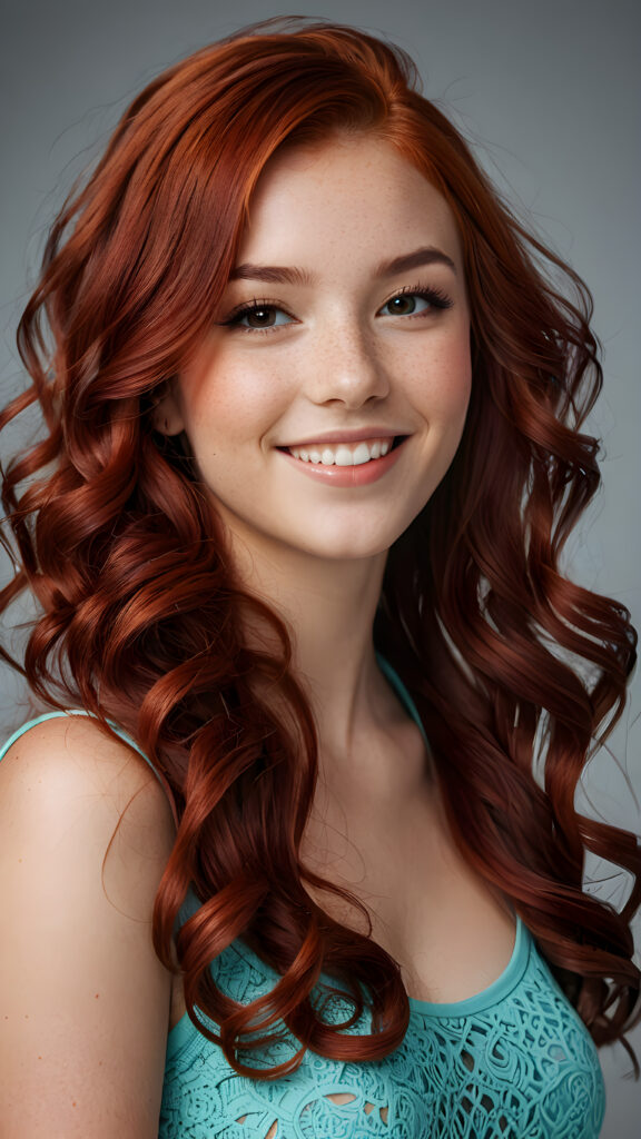 a (((masterfully composed side view photo))) featuring a (((cute 16-year-old female model))) with perfectly curled (((red hair))), a (((detailed and perfect curved body))), a (((realistic, warm smile))), and advanced lighting techniques that create a (deep, soft shadow) and a (high-quality, ultra-sharp focus) that make every detail, from her (ultra-realistic face) to the intricate patterns in her hair, pop with unparalleled clarity.