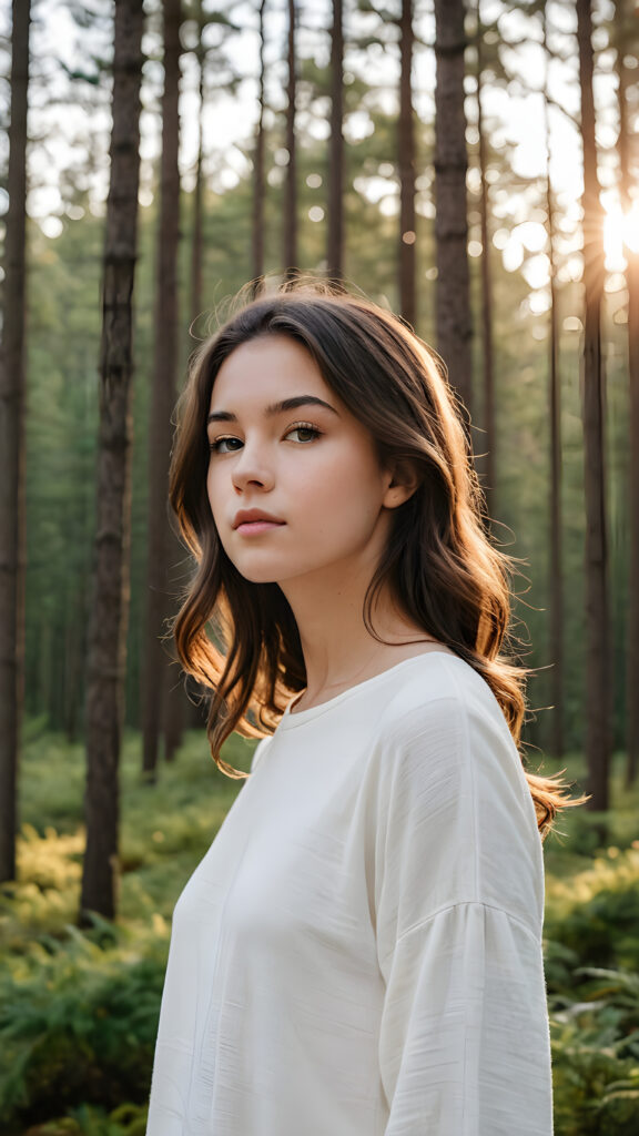 a (((minimalist masterpiece))) featuring a (((brunette teen girl))) elegantly posed against a (((serene forest backdrop))), with the scene contrasted against a (((white background))). The composition emphasizes the woman's flowing contours and exudes a sense of timelessness and tranquility. Soft, (((sunset hues))), blending into the image, give a sense of natural elegance that complements the subject's simple, modern silhouette.