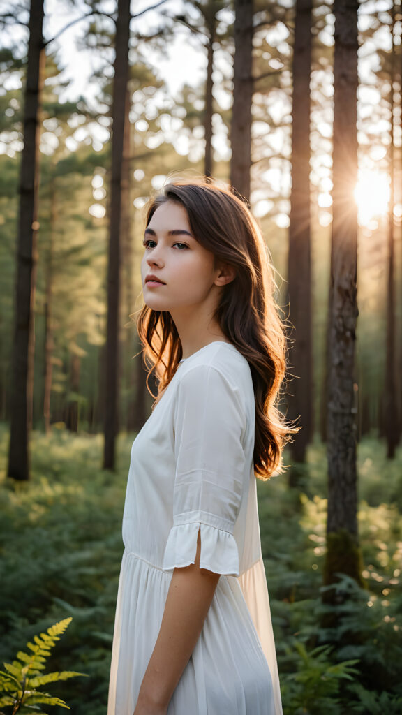 a (((minimalist masterpiece))) featuring a (((brunette teen girl))) elegantly posed against a (((serene forest backdrop))), with the scene contrasted against a (((white background))). The composition emphasizes the woman's flowing contours and exudes a sense of timelessness and tranquility. Soft, (((sunset hues))), blending into the image, give a sense of natural elegance that complements the subject's simple, modern silhouette.