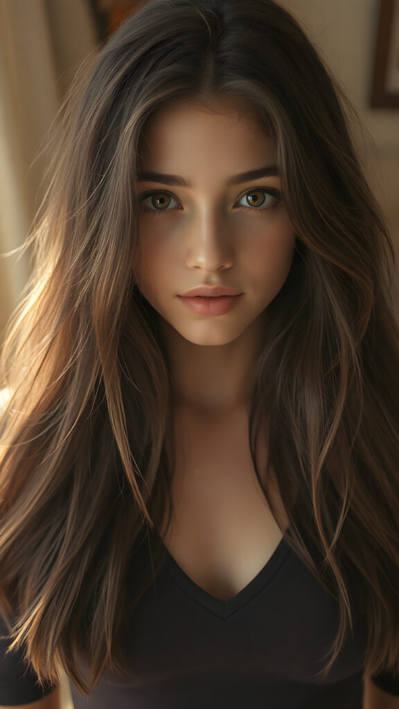 A (((perfectly proportioned portrait))), with stunning (amber eyes) that emit a gentle glow, framed by (soft, long obsidian hair) that creates a cozy, warm atmosphere. The subject is a (((beautiful teen girl))) who exudes self-confidence, with a (healthy glow) on her skin, wearing a (tight deep v-neck crop top) that accentuates her perfect body, complemented by (realistic, detailed soft light) that brings out her (best features)