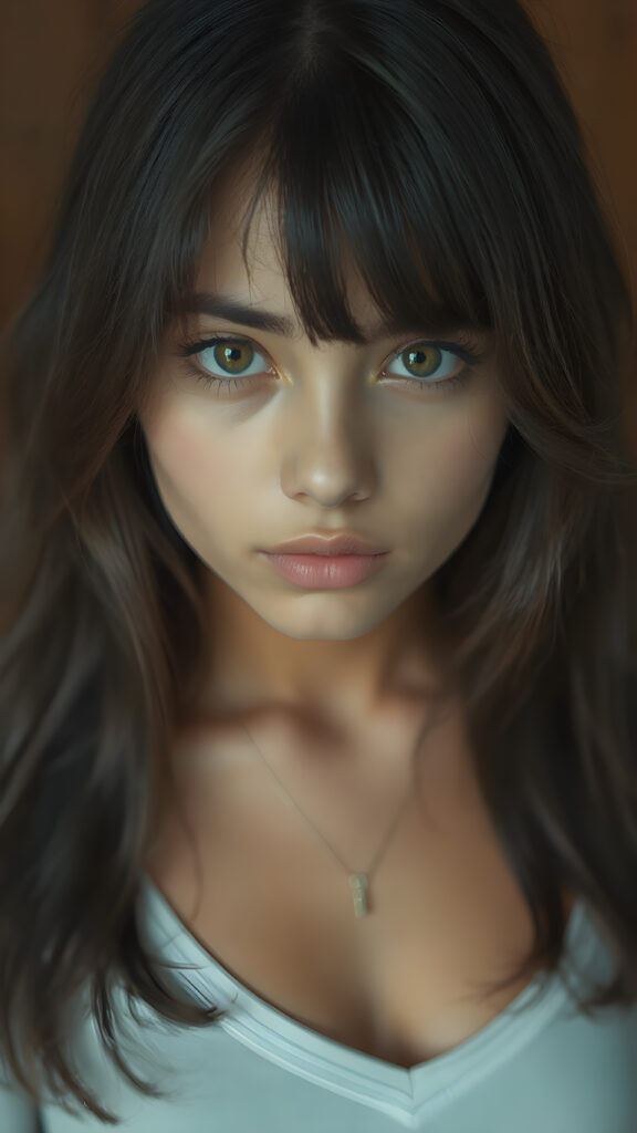 A (((perfectly proportioned portrait))), with stunning (amber eyes) that emit a gentle glow, framed by (soft, long obsidian hair) that creates a cozy, warm atmosphere. The subject is a (((beautiful teen girl))) who exudes self-confidence, with a (healthy glow) on her skin, wearing a (tight deep v-neck crop top) that accentuates her perfect body, complemented by (realistic, detailed soft light) that brings out her (best features)