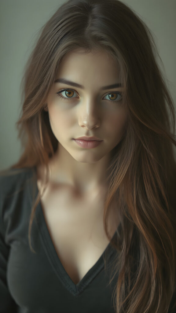 A (((perfectly proportioned portrait))), with stunning (amber eyes) that emit a gentle glow, framed by (soft, long obsidian hair) that creates a cozy, warm atmosphere. The subject is a (((beautiful teen girl))) who exudes self-confidence, with a (healthy glow) on her skin, wearing a (tight deep v-neck crop top) that accentuates her perfect body, complemented by (realistic, detailed soft light) that brings out her (best features)