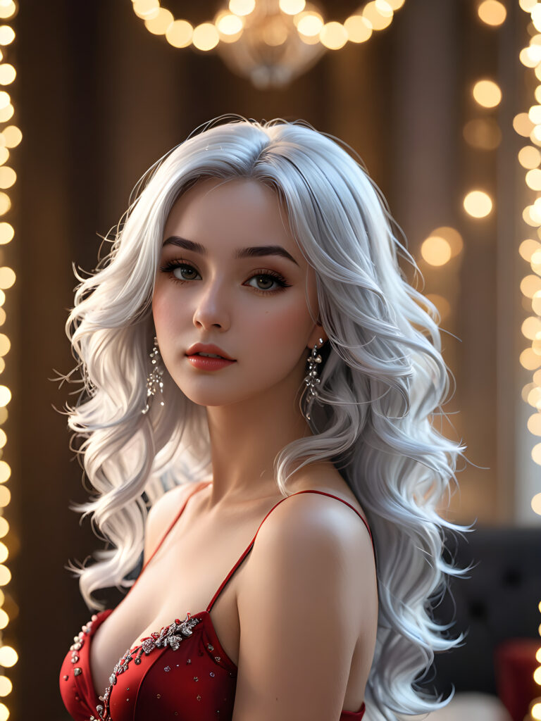 a (((perky female silhouette))), with flowing (((silver hair cascading))), exuding a (((coyly seductive expression))), accompanied by a (((piercing gaze))) in a (((low-key lit boudoir setting))), accentuated by a (((soft bokeh effect))), with (hyper-detailed intricate details) that give off an (unreal engine fantasy vibe), color-matched with complementary hues, creating a (fantasy concept art splash screen) with 8K resolution