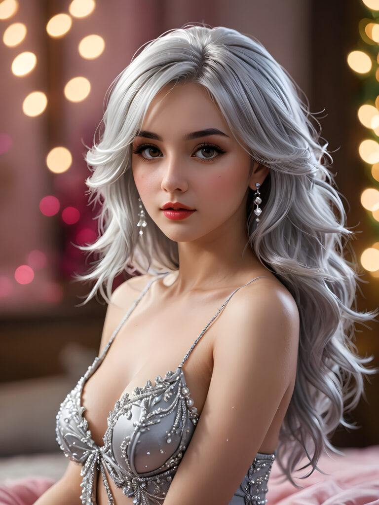 a (((perky female silhouette))), with flowing (((silver hair cascading))), exuding a (((coyly seductive expression))), accompanied by a (((piercing gaze))) in a (((low-key lit boudoir setting))), accentuated by a (((soft bokeh effect))), with (hyper-detailed intricate details) that give off an (unreal engine fantasy vibe), color-matched with complementary hues, creating a (fantasy concept art splash screen) with 8K resolution