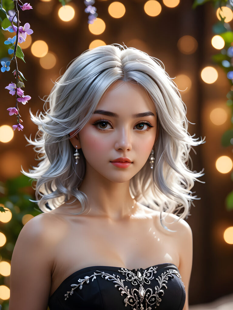 a (((perky female silhouette))), with flowing (((silver hair cascading))), exuding a (((coyly seductive expression))), accompanied by a (((piercing gaze))) in a (((low-key lit boudoir setting))), accentuated by a (((soft bokeh effect))), with (hyper-detailed intricate details) that give off an (unreal engine fantasy vibe), color-matched with complementary hues, creating a (fantasy concept art splash screen) with 8K resolution