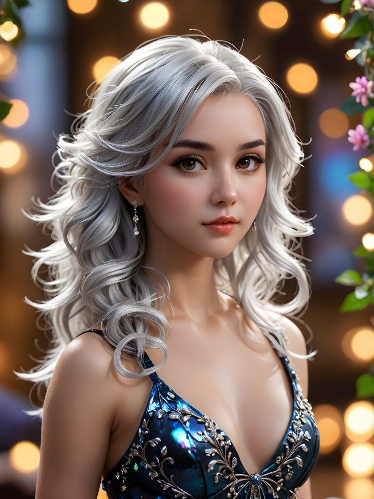 a (((perky female silhouette))), with flowing (((silver hair cascading))), exuding a (((coyly seductive expression))), accompanied by a (((piercing gaze))) in a (((low-key lit boudoir setting))), accentuated by a (((soft bokeh effect))), with (hyper-detailed intricate details) that give off an (unreal engine fantasy vibe), color-matched with complementary hues, creating a (fantasy concept art splash screen) with 8K resolution