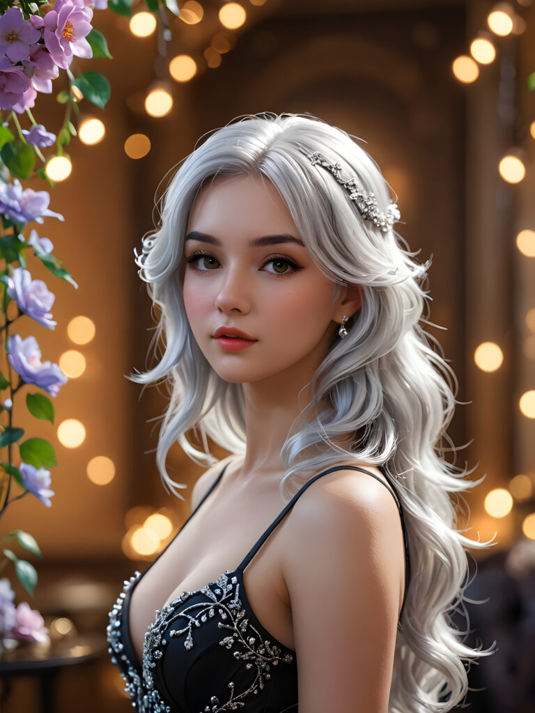 a (((perky female silhouette))), with flowing (((silver hair cascading))), exuding a (((coyly seductive expression))), accompanied by a (((piercing gaze))) in a (((low-key lit boudoir setting))), accentuated by a (((soft bokeh effect))), with (hyper-detailed intricate details) that give off an (unreal engine fantasy vibe), color-matched with complementary hues, creating a (fantasy concept art splash screen) with 8K resolution