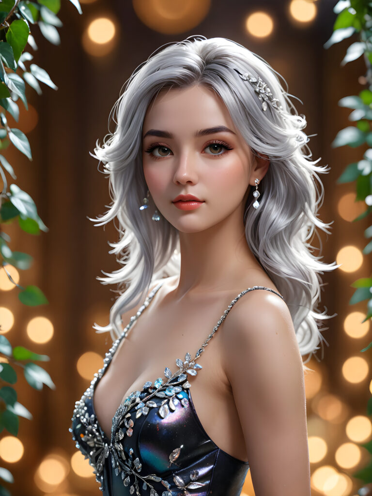 a (((perky female silhouette))), with flowing (((silver hair cascading))), exuding a (((coyly seductive expression))), accompanied by a (((piercing gaze))) in a (((low-key lit boudoir setting))), accentuated by a (((soft bokeh effect))), with (hyper-detailed intricate details) that give off an (unreal engine fantasy vibe), color-matched with complementary hues, creating a (fantasy concept art splash screen) with 8K resolution