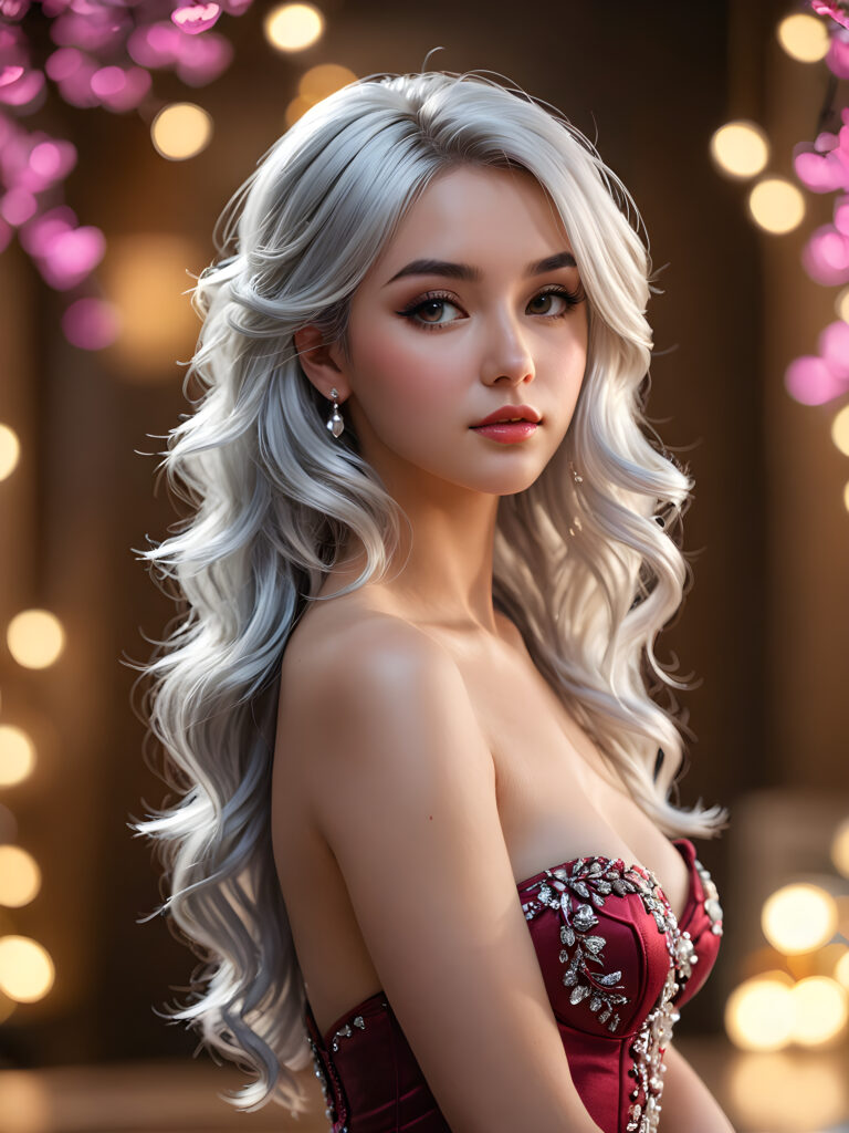 a (((perky female silhouette))), with flowing (((silver hair cascading))), exuding a (((coyly seductive expression))), accompanied by a (((piercing gaze))) in a (((low-key lit boudoir setting))), accentuated by a (((soft bokeh effect))), with (hyper-detailed intricate details) that give off an (unreal engine fantasy vibe), color-matched with complementary hues, creating a (fantasy concept art splash screen) with 8K resolution