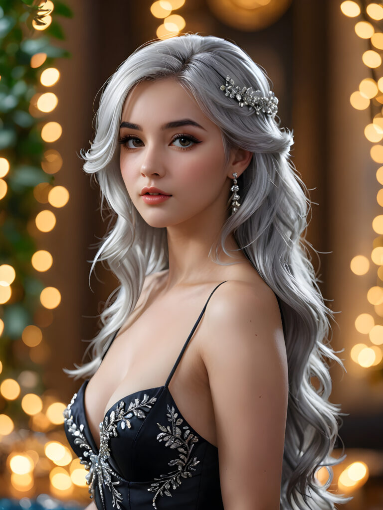 a (((perky female silhouette))), with flowing (((silver hair cascading))), exuding a (((coyly seductive expression))), accompanied by a (((piercing gaze))) in a (((low-key lit boudoir setting))), accentuated by a (((soft bokeh effect))), with (hyper-detailed intricate details) that give off an (unreal engine fantasy vibe), color-matched with complementary hues, creating a (fantasy concept art splash screen) with 8K resolution