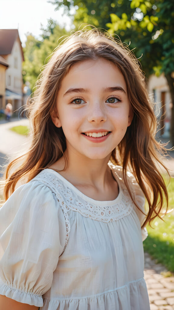 a playful (((young girl, 16 years old))) with rosy cheeks and bright eyes, capturing a wholesome, (((cuteness))), dressed in a (simple, sunny outfit)