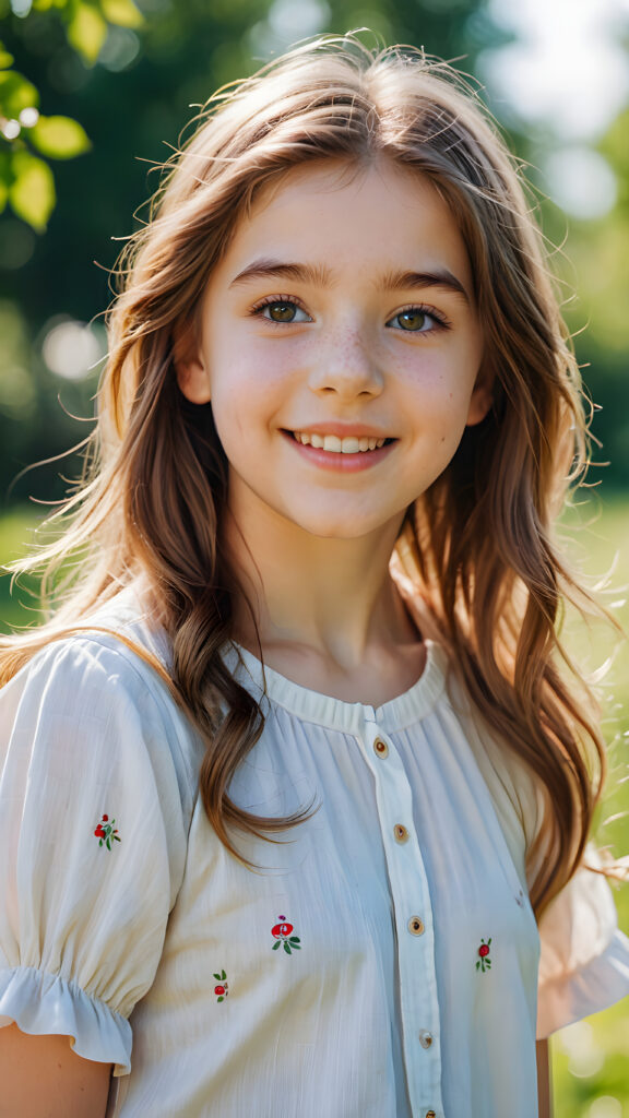 a playful (((young girl, 16 years old))) with rosy cheeks and bright eyes, capturing a wholesome, (((cuteness))), dressed in a (simple, sunny outfit)