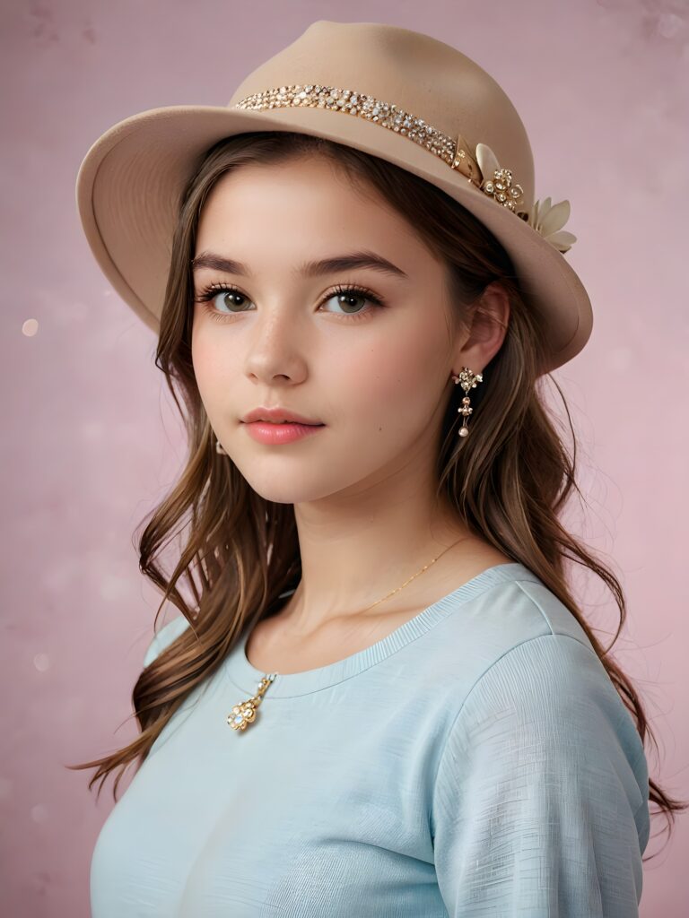 a (((professional teen girl model))) with one visible shoulder, sporting a sleek hat), accessorized with delicate jewelry and ((barely noticeable)) earrings, all against a softly diffused (+SSXL Advanced Photo realistic Diffusion: 1.2+) backdrop that exudes advanced levels of realism and exceptional quality