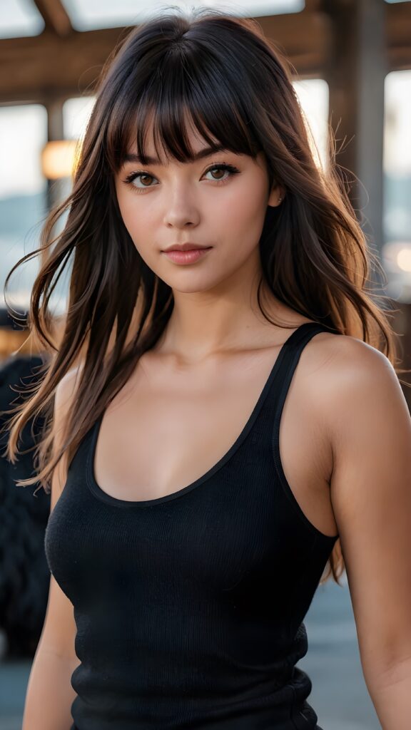 A (((professional photograph))) with a high-quality jet raven black thick, straight, long hair (((with bangs))), showcasing youthful features and a natural, athletic physique. The scene is framed by a (((black short wool tank top))), which highlights the natural beauty of the (skin) and the (hair). The light is backlit, with a (full body) in view, exuding a sense of (realism) and (natural beauty). The girl is focused on her (hair) and looking straight into the camera, embodying a sense of (photorealism) and (natural elegance).