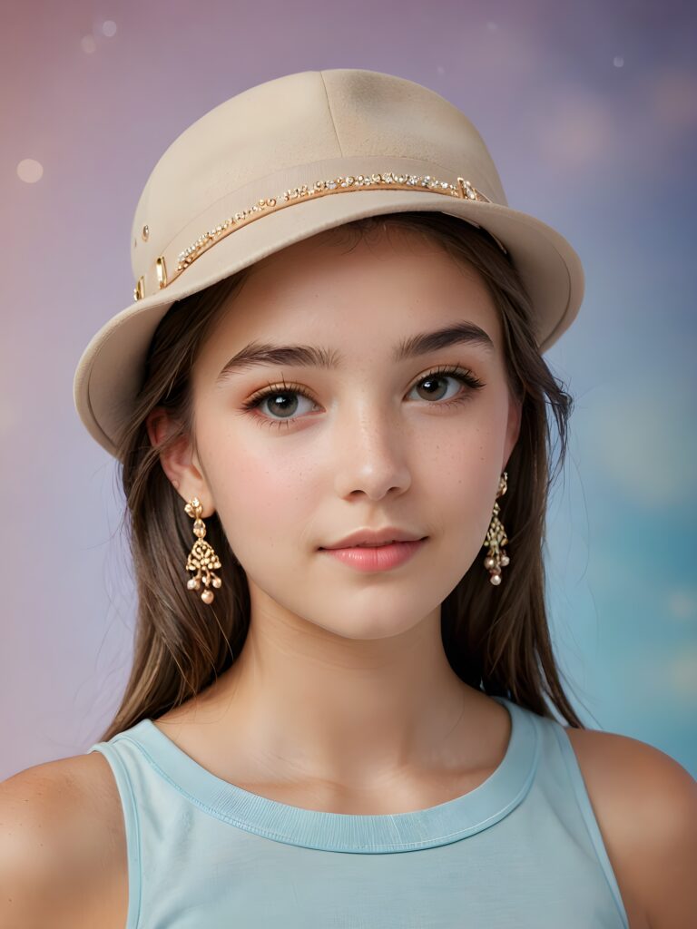 a (((professional teen girl model))) with one visible shoulder, sporting a sleek hat), accessorized with delicate jewelry and ((barely noticeable)) earrings, all against a softly diffused (+SSXL Advanced Photo realistic Diffusion: 1.2+) backdrop that exudes advanced levels of realism and exceptional quality