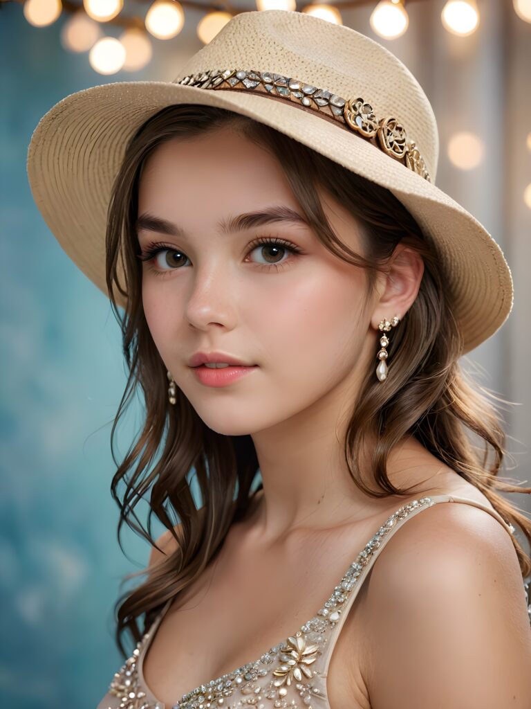 a (((professional teen girl model))) with one visible shoulder, sporting a sleek hat), accessorized with delicate jewelry and ((barely noticeable)) earrings, all against a softly diffused (+SSXL Advanced Photo realistic Diffusion: 1.2+) backdrop that exudes advanced levels of realism and exceptional quality