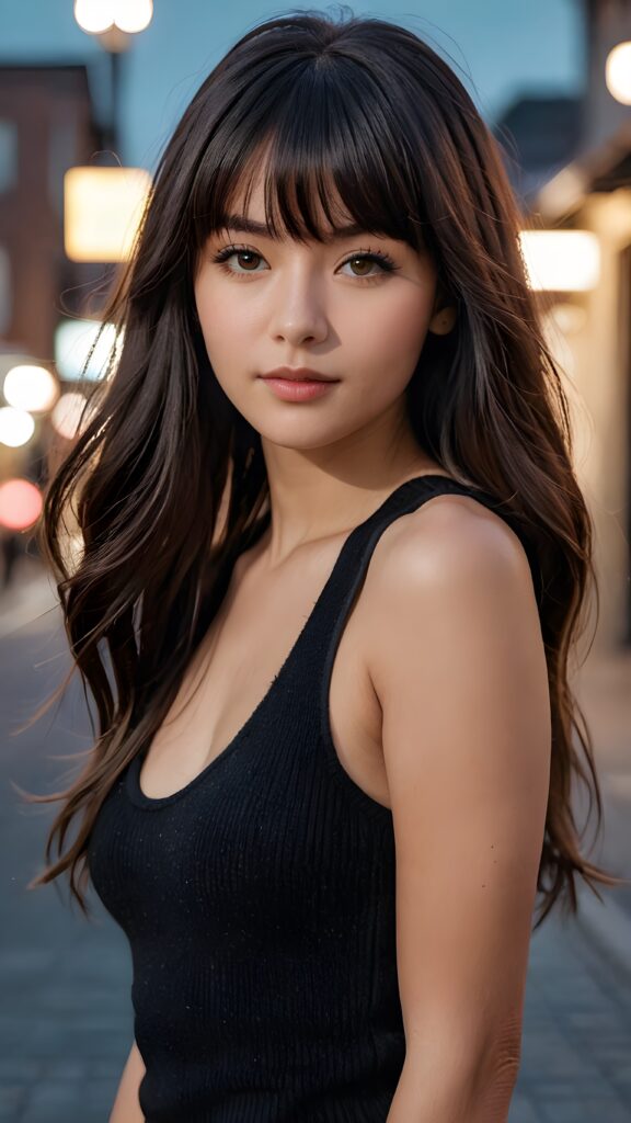 A (((professional photograph))) with a high-quality jet raven black thick, straight, long hair (((with bangs))), showcasing youthful features and a natural, athletic physique. The scene is framed by a (((black short wool tank top))), which highlights the natural beauty of the (skin) and the (hair). The light is backlit, with a (full body) in view, exuding a sense of (realism) and (natural beauty). The girl is focused on her (hair) and looking straight into the camera, embodying a sense of (photorealism) and (natural elegance).