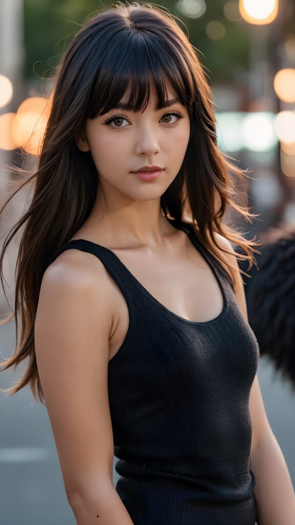 A (((professional photograph))) with a high-quality jet raven black thick, straight, long hair (((with bangs))), showcasing youthful features and a natural, athletic physique. The scene is framed by a (((black short wool tank top))), which highlights the natural beauty of the (skin) and the (hair). The light is backlit, with a (full body) in view, exuding a sense of (realism) and (natural beauty). The girl is focused on her (hair) and looking straight into the camera, embodying a sense of (photorealism) and (natural elegance).