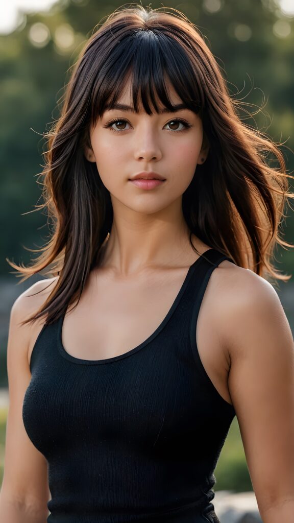 A (((professional photograph))) with a high-quality jet raven black thick, straight, long hair (((with bangs))), showcasing youthful features and a natural, athletic physique. The scene is framed by a (((black short wool tank top))), which highlights the natural beauty of the (skin) and the (hair). The light is backlit, with a (full body) in view, exuding a sense of (realism) and (natural beauty). The girl is focused on her (hair) and looking straight into the camera, embodying a sense of (photorealism) and (natural elegance).