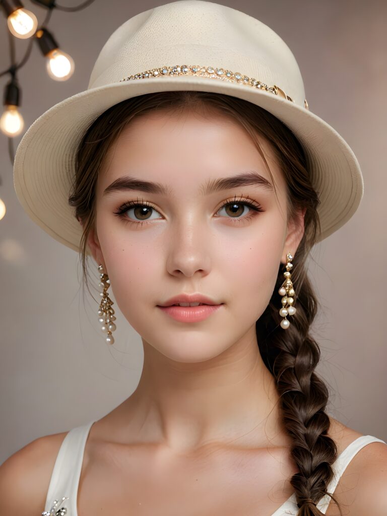 a (((professional teen girl model))) with one visible shoulder, sporting a sleek hat), accessorized with delicate jewelry and ((barely noticeable)) earrings, all against a softly diffused (+SSXL Advanced Photo realistic Diffusion: 1.2+) backdrop that exudes advanced levels of realism and exceptional quality