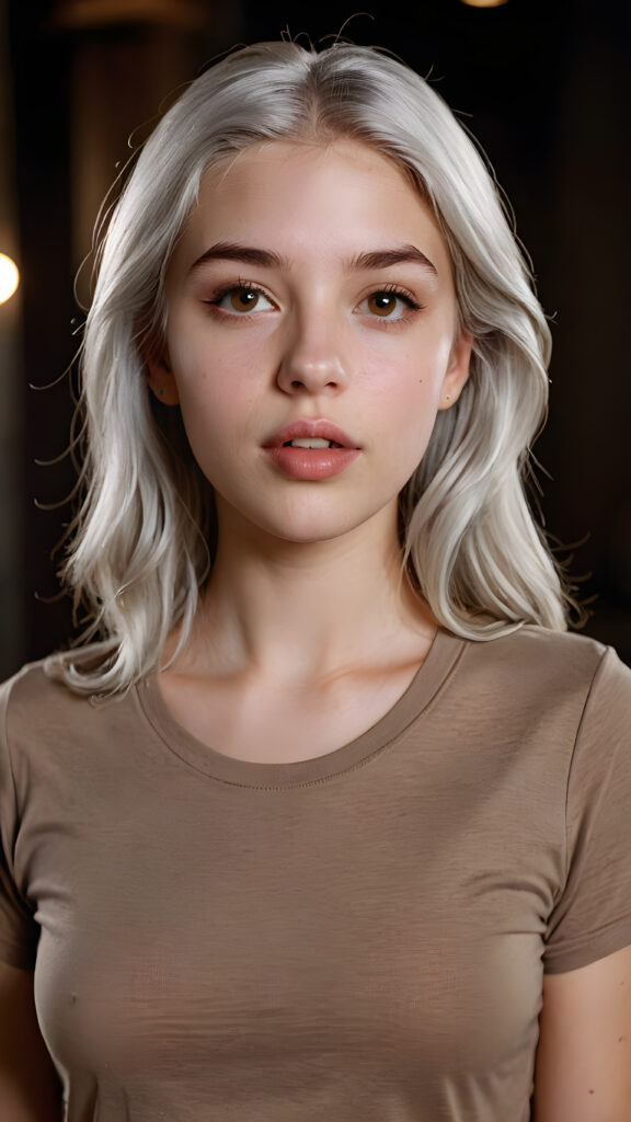 a (((realistic teen girl))), with silky, (((pale grey hair))), wearing a (((simple brown T-shirt))), facing the camera with a half-open mouth and understatedly angelic features, including (((full lips))) and a (((curvaceous figure))) that adds a touch of youthful vulnerability against a (dark, (backdrop))