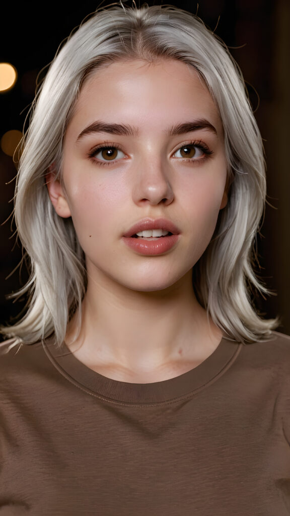 a (((realistic teen girl))), with silky, (((pale grey hair))), wearing a (((simple brown T-shirt))), facing the camera with a half-open mouth and understatedly angelic features, including (((full lips))) and a (((curvaceous figure))) that adds a touch of youthful vulnerability against a (dark, (backdrop))