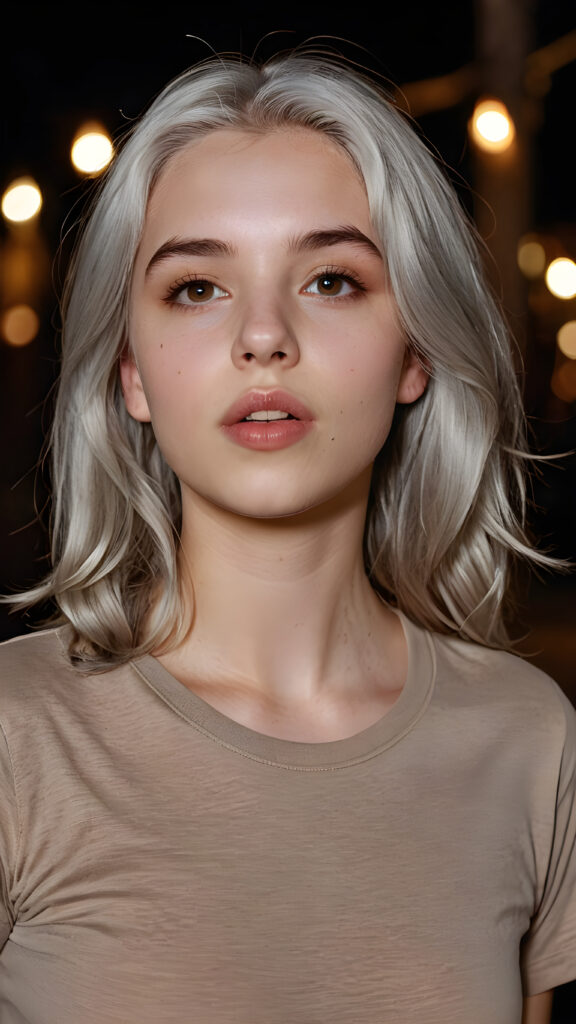 a (((realistic teen girl))), with silky, (((pale grey hair))), wearing a (((simple brown T-shirt))), facing the camera with a half-open mouth and understatedly angelic features, including (((full lips))) and a (((curvaceous figure))) that adds a touch of youthful vulnerability against a (dark, (backdrop))