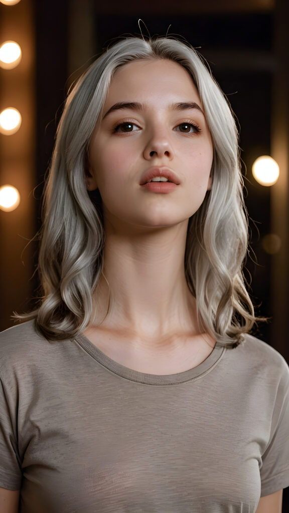 a (((realistic teen girl))), with silky, (((pale grey hair))), wearing a (((simple brown T-shirt))), facing the camera with a half-open mouth and understatedly angelic features, including (((full lips))) and a (((curvaceous figure))) that adds a touch of youthful vulnerability against a (dark, (backdrop))