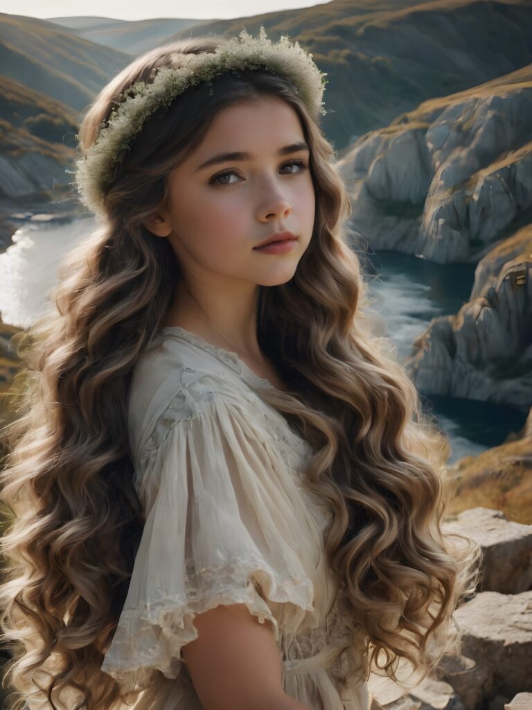 a (((small, young girl))), her hair in (((long, wavy locks))), with dark, striking eyes and a cap on head, exuding an air of innocence and cuteness. Her features are sharply defined, with full lips and an ethereal beauty reflective of an angelic visage. In the (((background))), a (quarry) with its distinctive contours and stone walls provide a beautifully contrasting backdrop