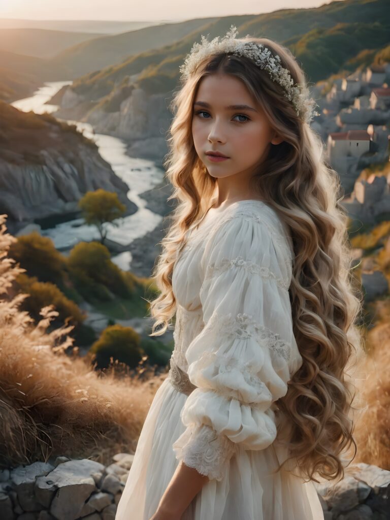 a (((small, young girl))), her hair in (((long, wavy locks))), with dark, striking eyes and a cap on head, exuding an air of innocence and cuteness. Her features are sharply defined, with full lips and an ethereal beauty reflective of an angelic visage. In the (((background))), a (quarry) with its distinctive contours and stone walls provide a beautifully contrasting backdrop