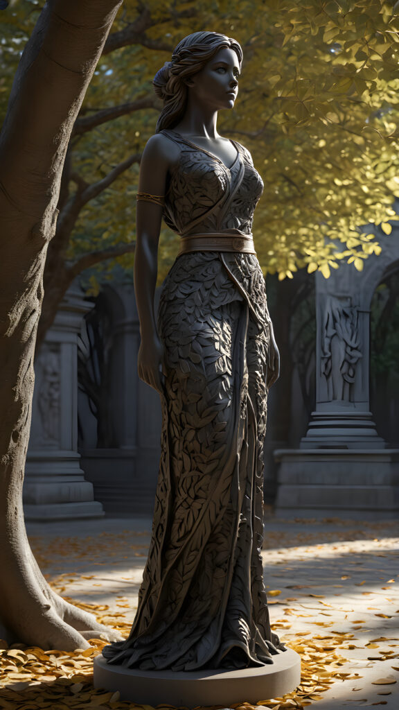 a (((statue))) in a (((subtle, shadowy environment))), representing a girl with a flowing straight hair and a belt made of intricate, interwoven ((tree leaves)), poised in a serene, contemplative pose, full body shot