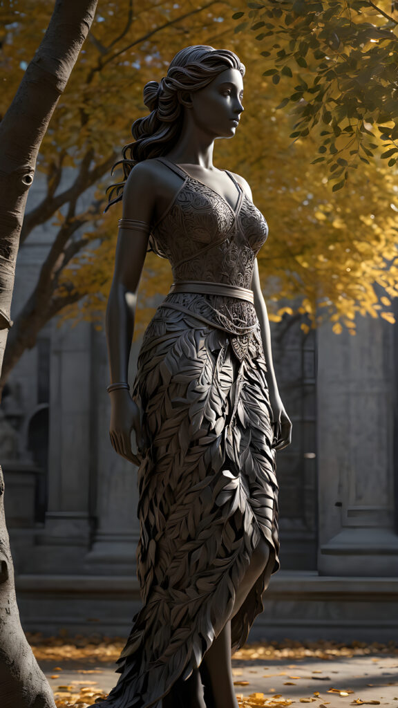 a (((statue))) in a (((subtle, shadowy environment))), representing a girl with a flowing straight hair and a belt made of intricate, interwoven ((tree leaves)), poised in a serene, contemplative pose, full body shot